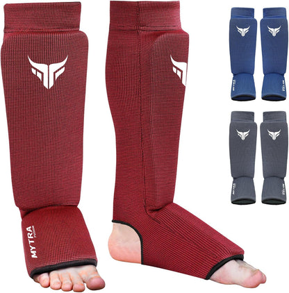 Mytra Fusion Kickboxing Shin Guards Lightweight Shin Instep Guard Stretchable Polyester Fabric Padded Training Shin Guards Muay Thai, MMA, Martial Arts Shin Guards for Men & Women