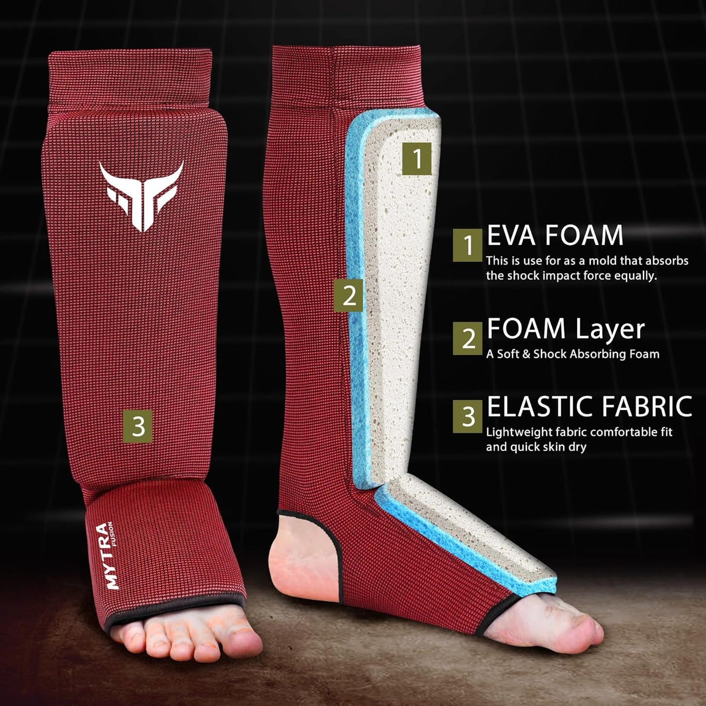 Mytra Fusion Kickboxing Shin Guards Lightweight Shin Instep Guard Stretchable Polyester Fabric Padded Training Shin Guards Muay Thai, MMA, Martial Arts Shin Guards for Men & Women