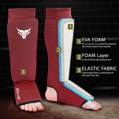 Mytra Fusion Kickboxing Shin Guards Lightweight Shin Instep Guard Stretchable Polyester Fabric Padded Training Shin Guards Muay Thai, MMA, Martial Arts Shin Guards for Men & Women