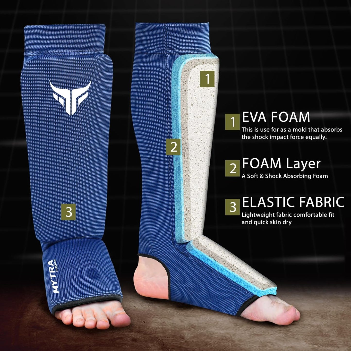 Mytra Fusion Kickboxing Shin Guards Lightweight Shin Instep Guard Stretchable Polyester Fabric Padded Training Shin Guards Muay Thai, MMA, Martial Arts Shin Guards for Men & Women