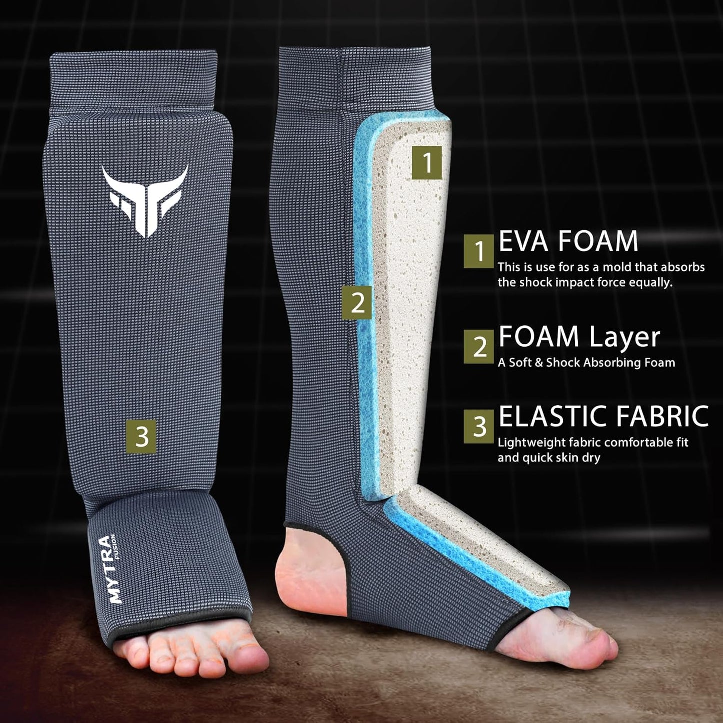 Mytra Fusion Kickboxing Shin Guards Lightweight Shin Instep Guard Stretchable Polyester Fabric Padded Training Shin Guards Muay Thai, MMA, Martial Arts Shin Guards for Men & Women