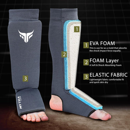 Mytra Fusion Kickboxing Shin Guards Lightweight Shin Instep Guard Stretchable Polyester Fabric Padded Training Shin Guards Muay Thai, MMA, Martial Arts Shin Guards for Men & Women