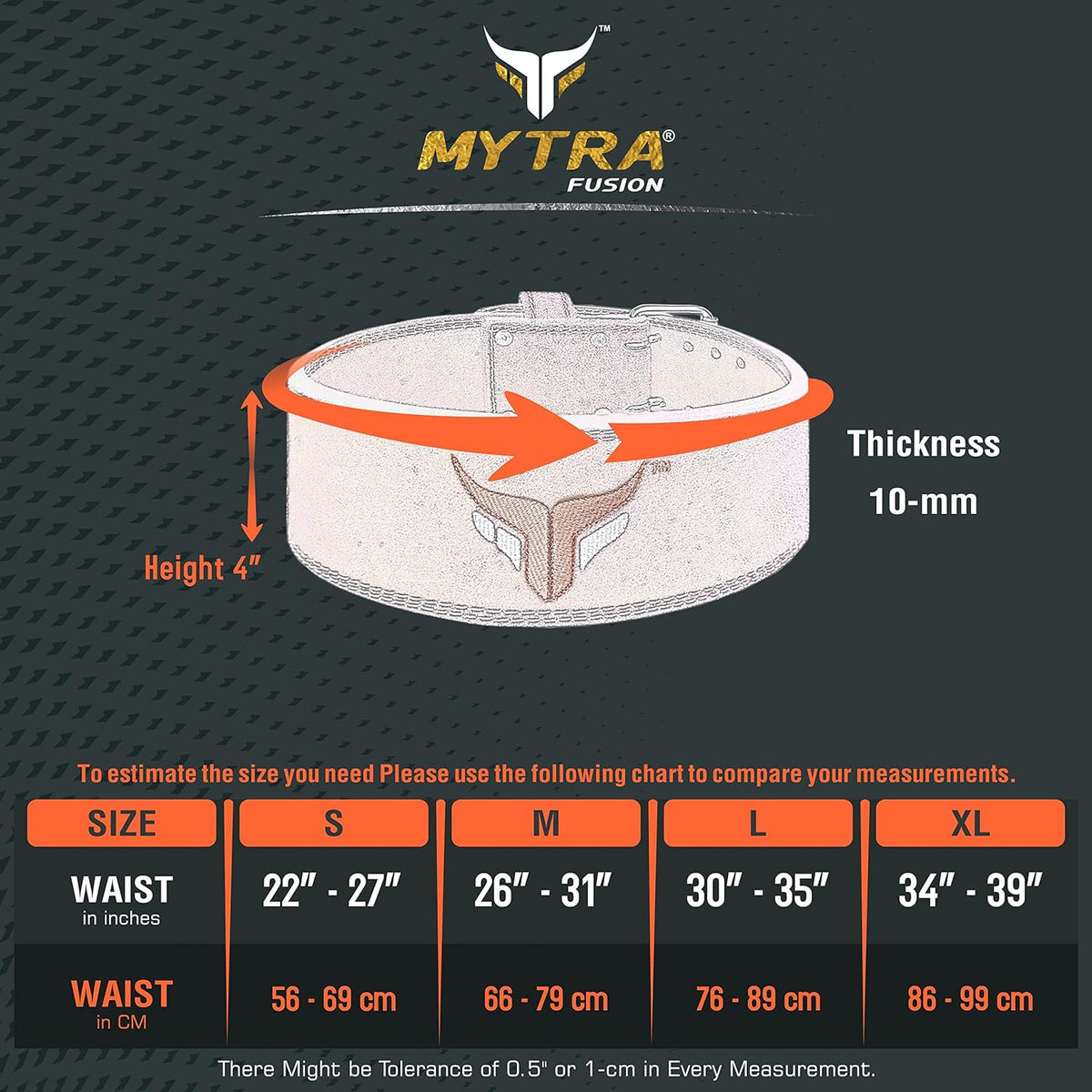 Mytra Fusion Powerlifting Belt 4 Inch Wide, 10mm Thick, L-4 Genuine Leather Belt For Weightlifting & Fitness