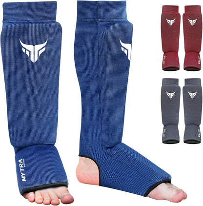 Mytra Fusion Kickboxing Shin Guards Lightweight Shin Instep Guard Stretchable Polyester Fabric Padded Training Shin Guards Muay Thai, MMA, Martial Arts Shin Guards for Men & Women