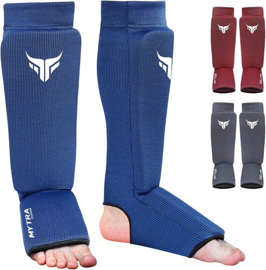 Mytra Fusion Kickboxing Shin Guards Lightweight Shin Instep Guard Stretchable Polyester Fabric Padded Training Shin Guards Muay Thai, MMA, Martial Arts Shin Guards for Men & Women