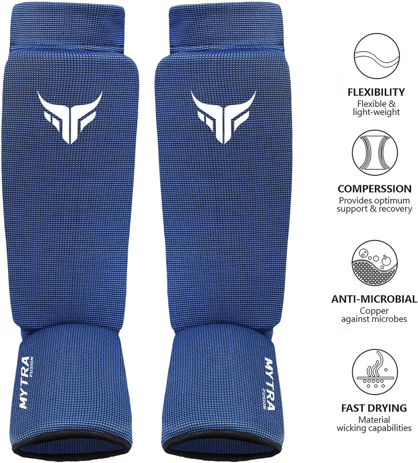 Mytra Fusion Kickboxing Shin Guards Lightweight Shin Instep Guard Stretchable Polyester Fabric Padded Training Shin Guards Muay Thai, MMA, Martial Arts Shin Guards for Men & Women