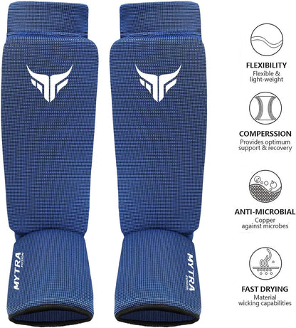 Mytra Fusion Kickboxing Shin Guards Lightweight Shin Instep Guard Stretchable Polyester Fabric Padded Training Shin Guards Muay Thai, MMA, Martial Arts Shin Guards for Men & Women