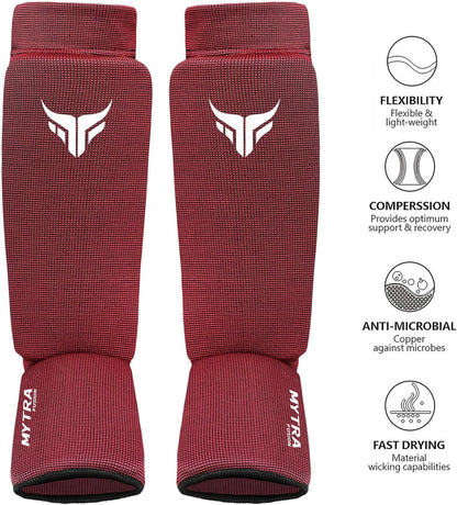 Mytra Fusion Kickboxing Shin Guards Lightweight Shin Instep Guard Stretchable Polyester Fabric Padded Training Shin Guards Muay Thai, MMA, Martial Arts Shin Guards for Men & Women