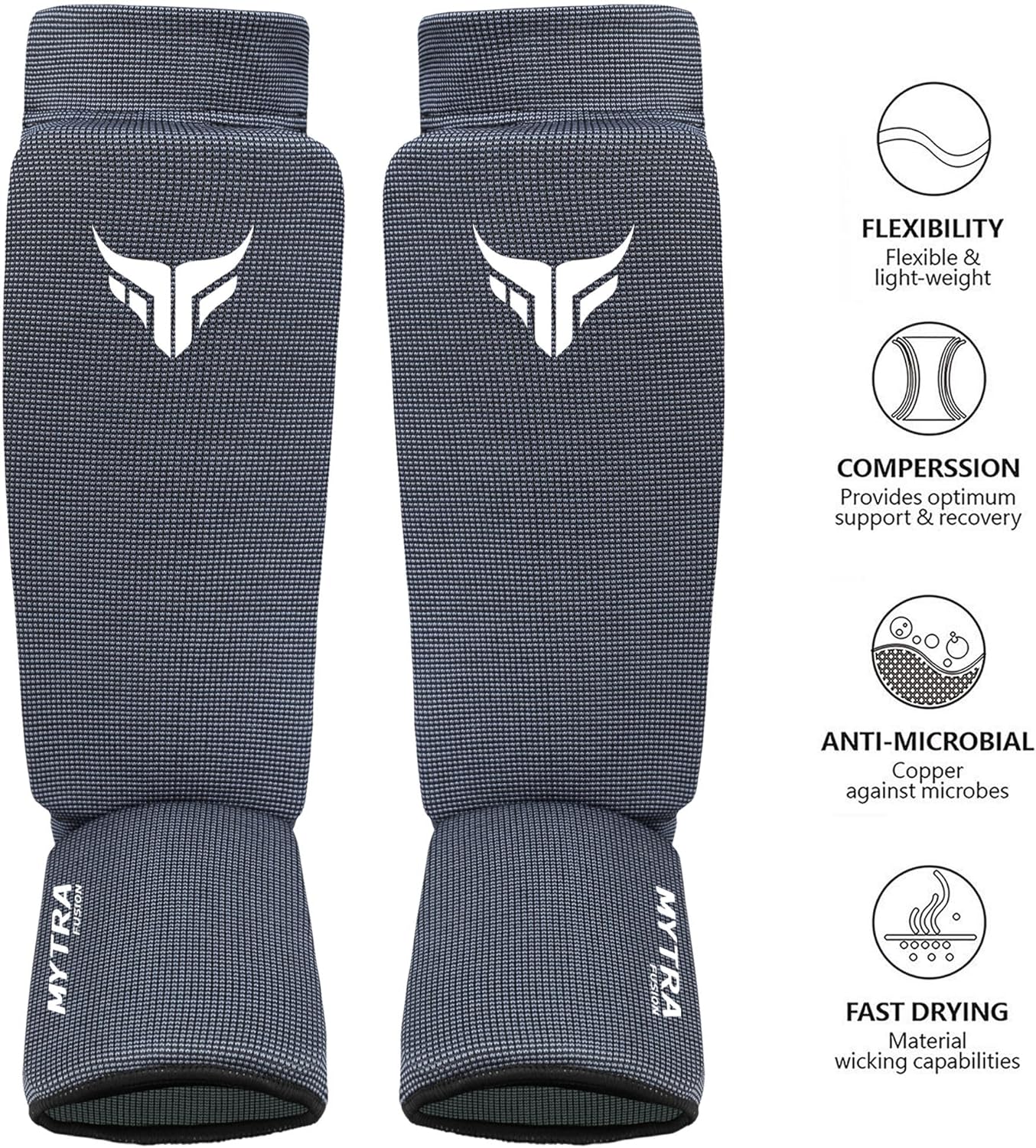 Mytra Fusion Kickboxing Shin Guards Lightweight Shin Instep Guard Stretchable Polyester Fabric Padded Training Shin Guards Muay Thai, MMA, Martial Arts Shin Guards for Men & Women