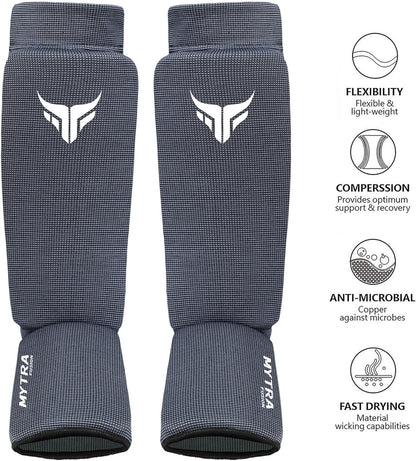 Mytra Fusion Kickboxing Shin Guards Lightweight Shin Instep Guard Stretchable Polyester Fabric Padded Training Shin Guards Muay Thai, MMA, Martial Arts Shin Guards for Men & Women