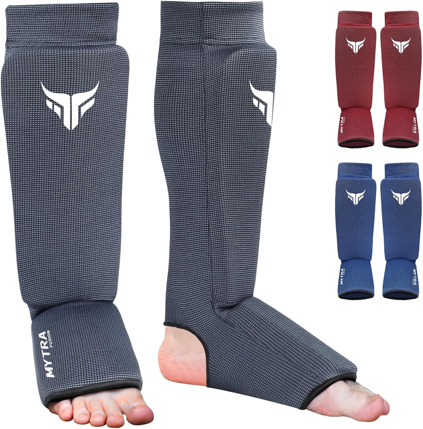 Mytra Fusion Kickboxing Shin Guards Lightweight Shin Instep Guard Stretchable Polyester Fabric Padded Training Shin Guards Muay Thai, MMA, Martial Arts Shin Guards for Men & Women