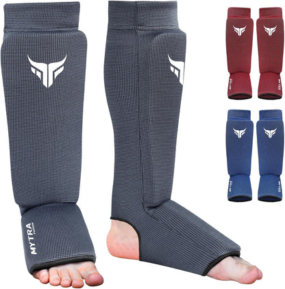 Mytra Fusion Kickboxing Shin Guards Lightweight Shin Instep Guard Stretchable Polyester Fabric Padded Training Shin Guards Muay Thai, MMA, Martial Arts Shin Guards for Men & Women