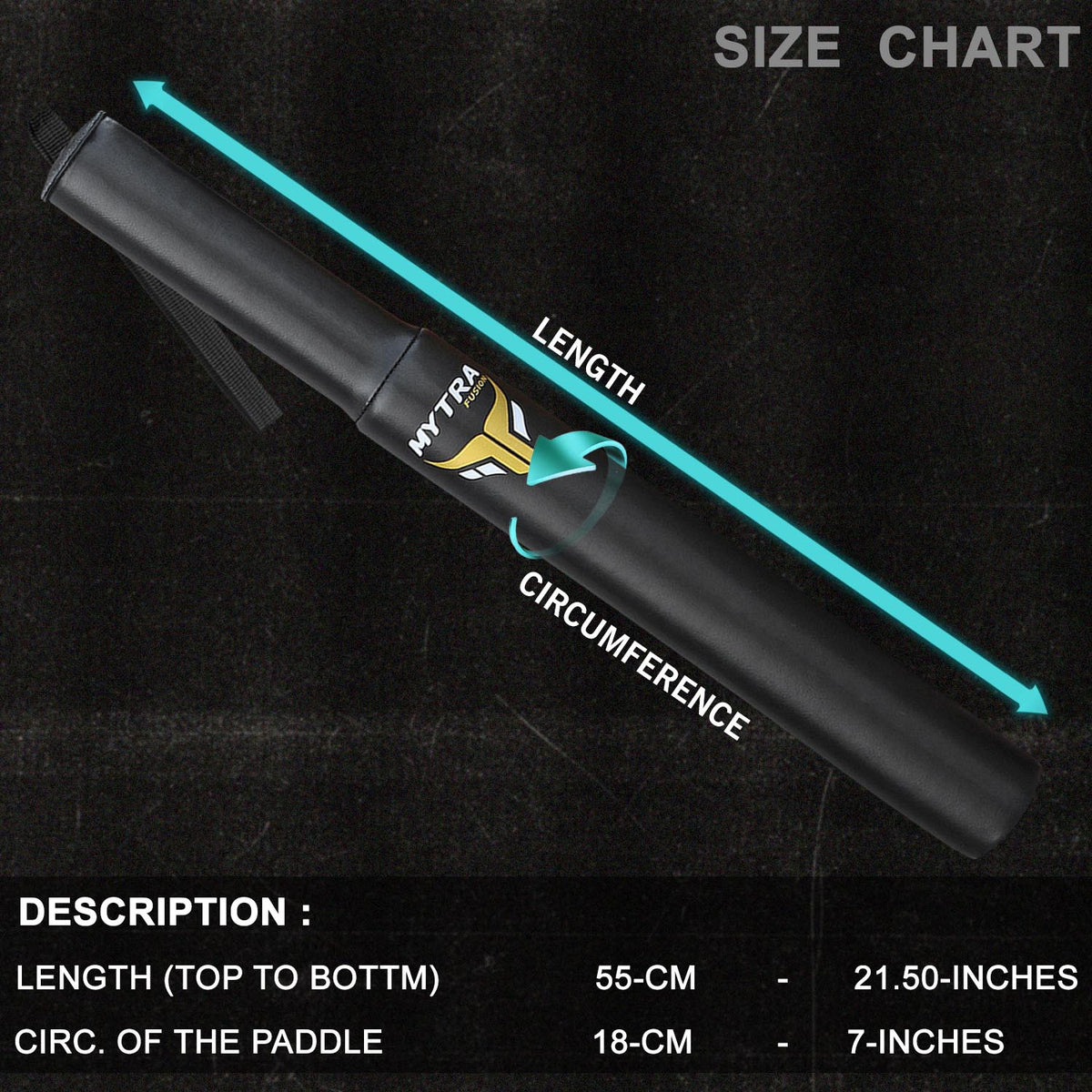 Size chart for a paddle with labeled measurements on a black background