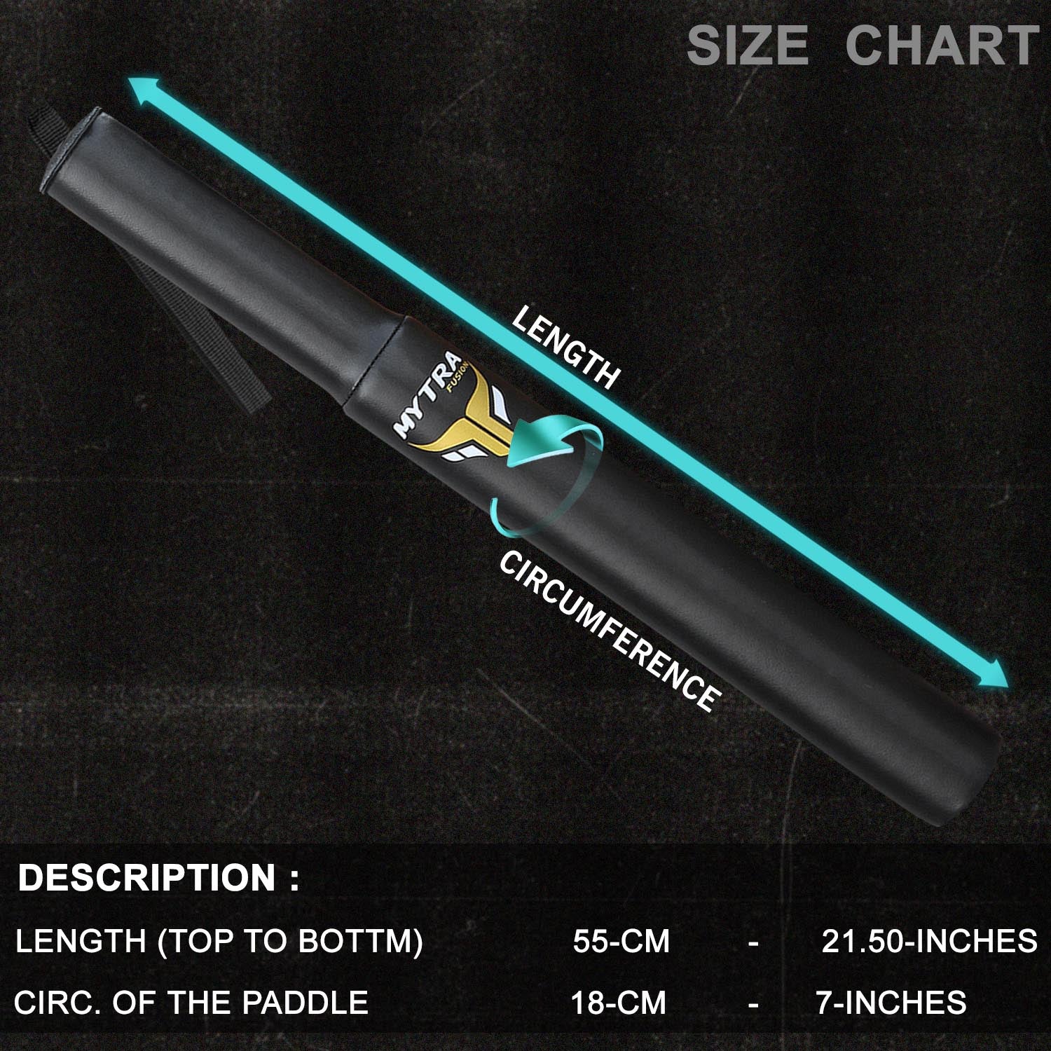 Size chart for a paddle with labeled measurements on a black background